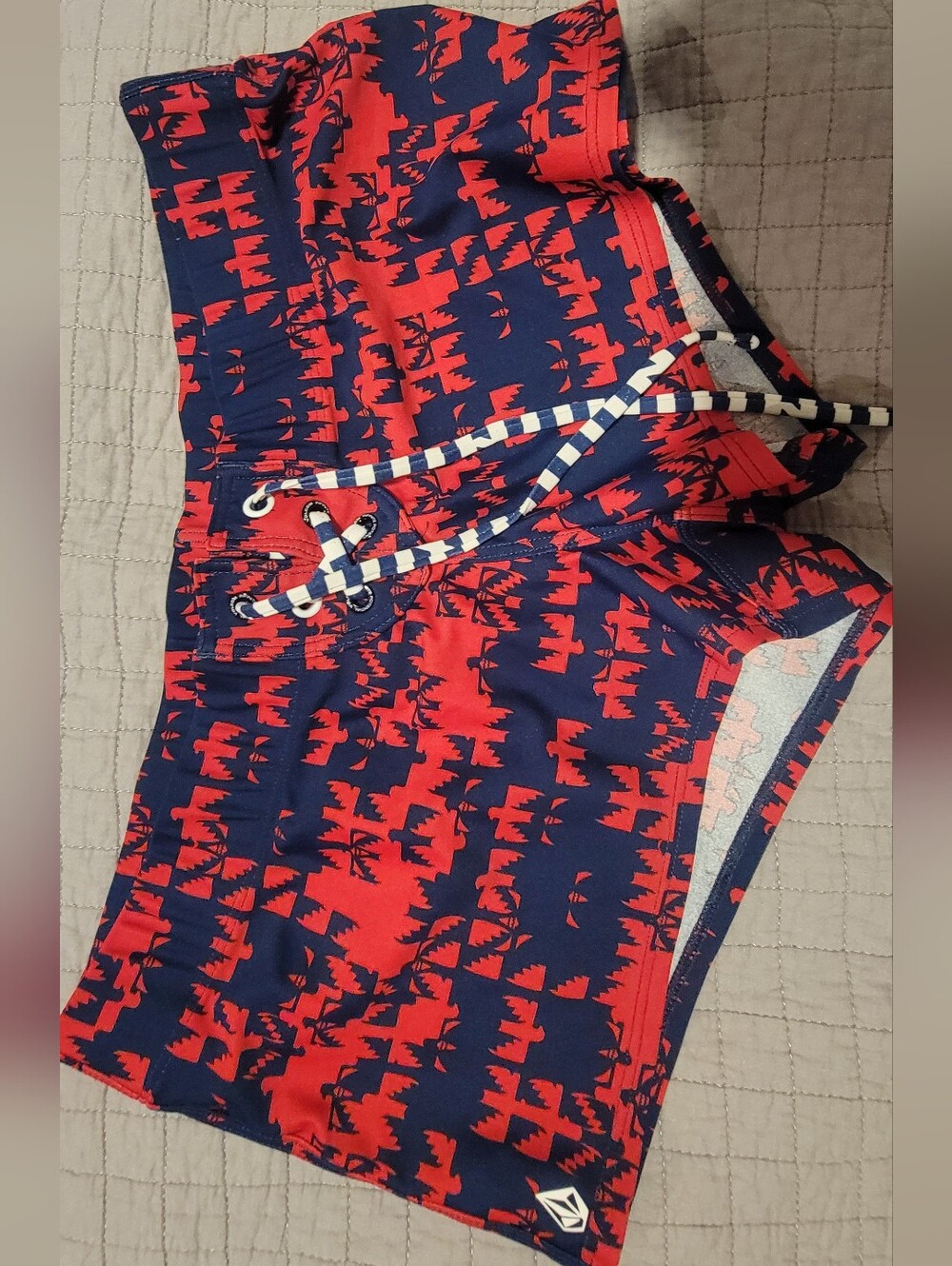 Volcom Red and Navy Geometric Swim Shorts S